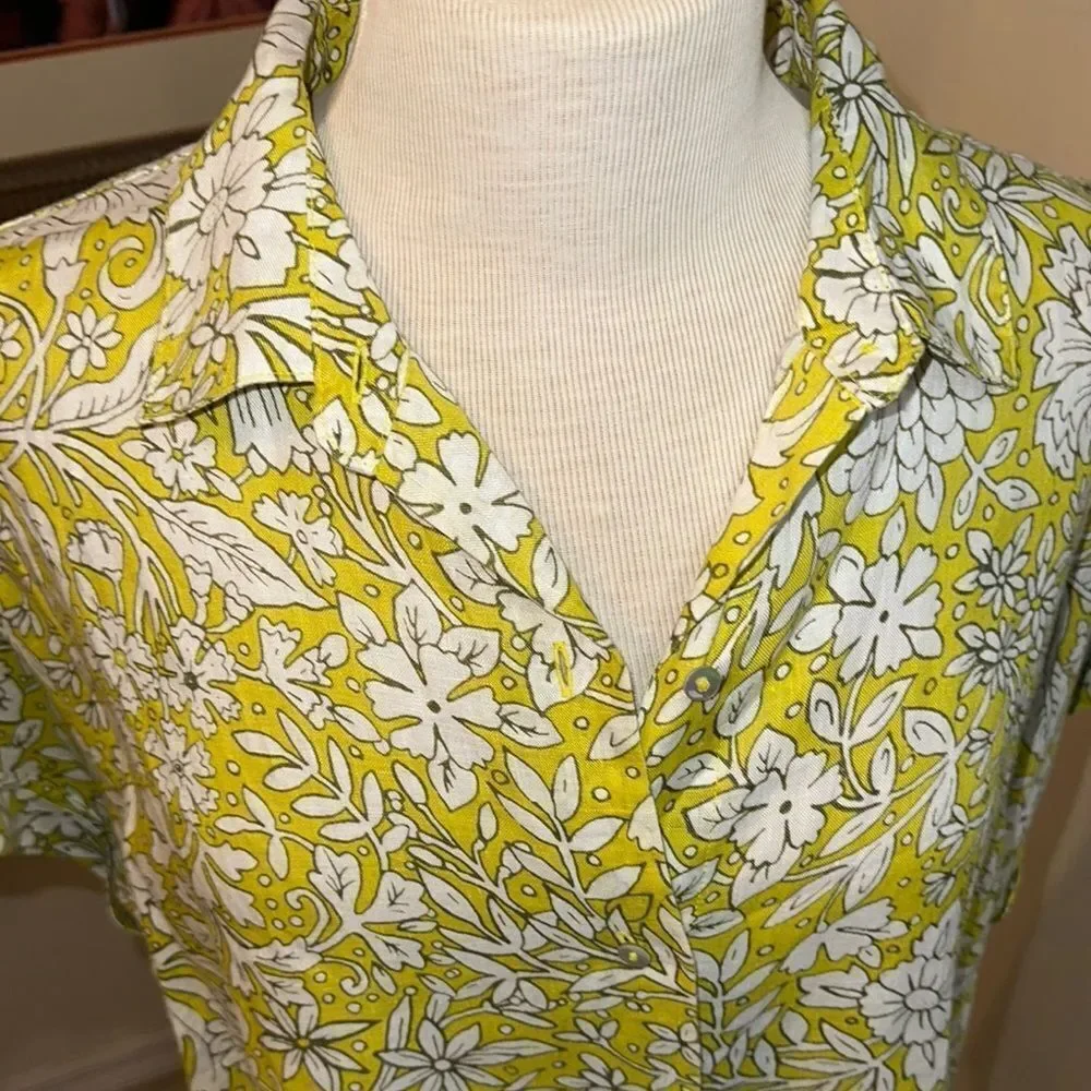 Rachel Ashwell Lime/ Yellow Floral 100% LINEN Boxy Button Down Shirt MEDIUM